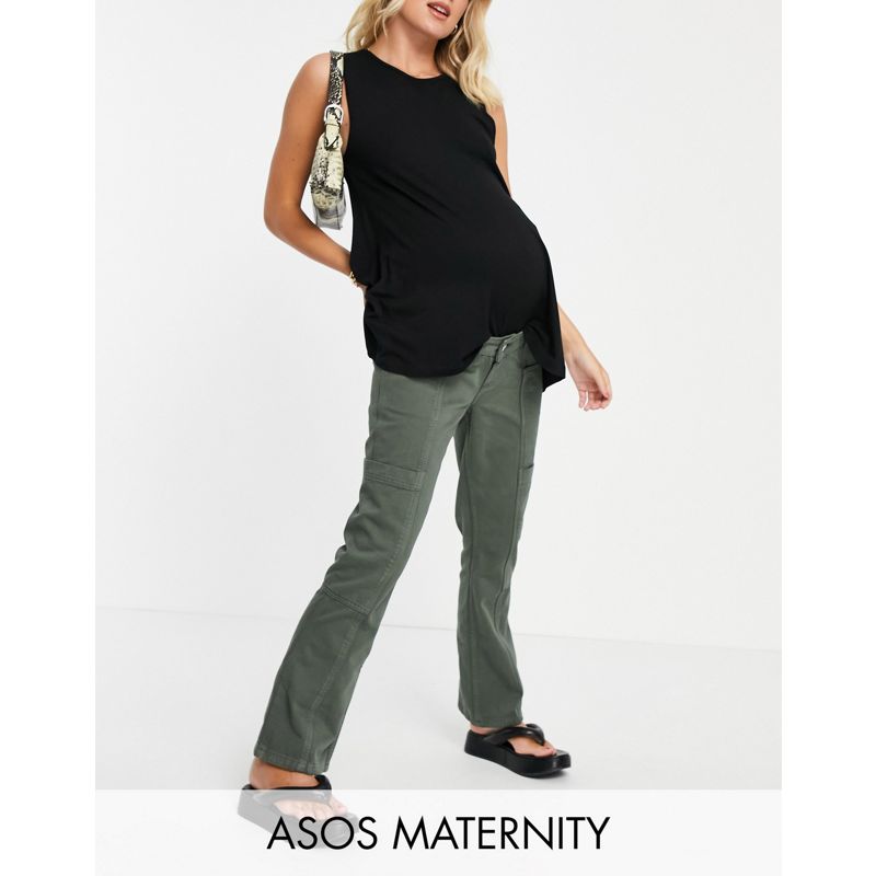DESIGN Maternity – Utility-Schlaghose in Khaki mit niedrigem Schnitt und Überbauchbund