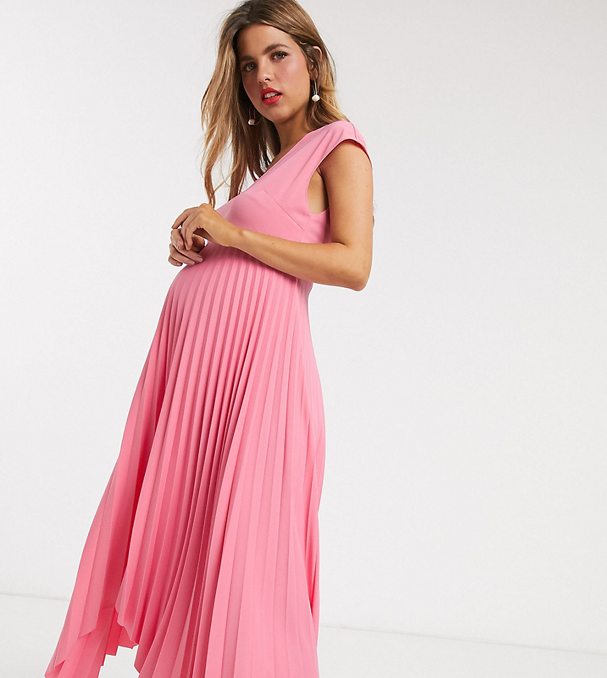 ASOS DESIGN Maternity v back midi dress with pleated asymmetric skirt in pink-Purple