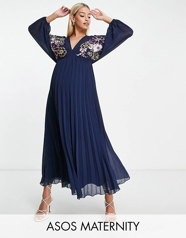 ASOS Maternity - ASOS DESIGN Maternity v front baby doll pleated embroidered midi dress in navy