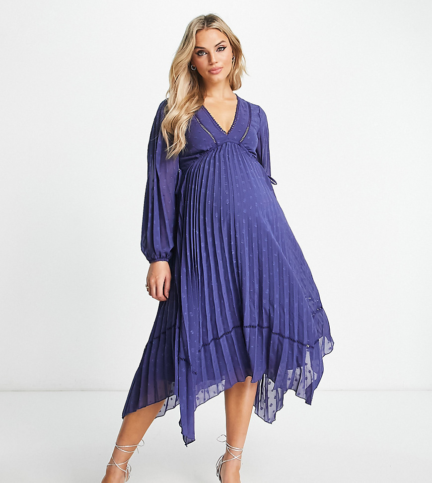 ASOS DESIGN Maternity v front trim detail pleated textured midi dress in navy