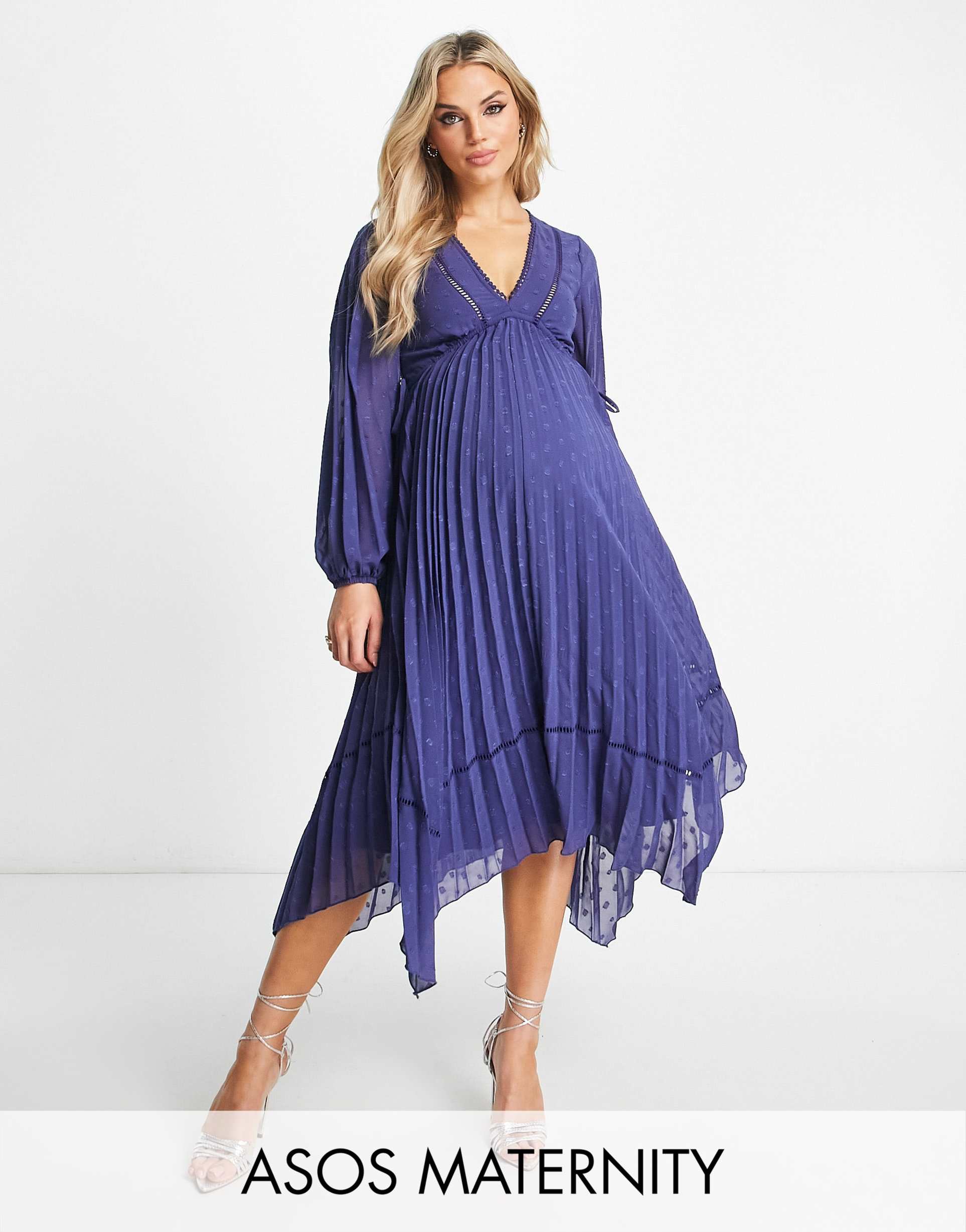 asos design maternity v front trim detail pleated textured midi dress in navy