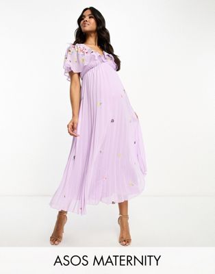 ASOS DESIGN Maternity v-neck angel sleeve pleat midi dress with all over embroidery in lilac