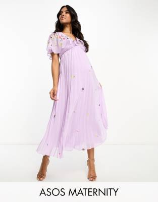 ASOS DESIGN Maternity v-neck angel sleeve pleat midi dress with all over  embroidery in lilac