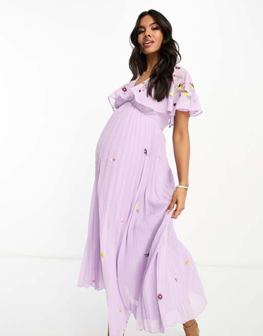 ASOS DESIGN Maternity v neck angel sleeve pleat midi dress with all over embroidery in lilac ASOS