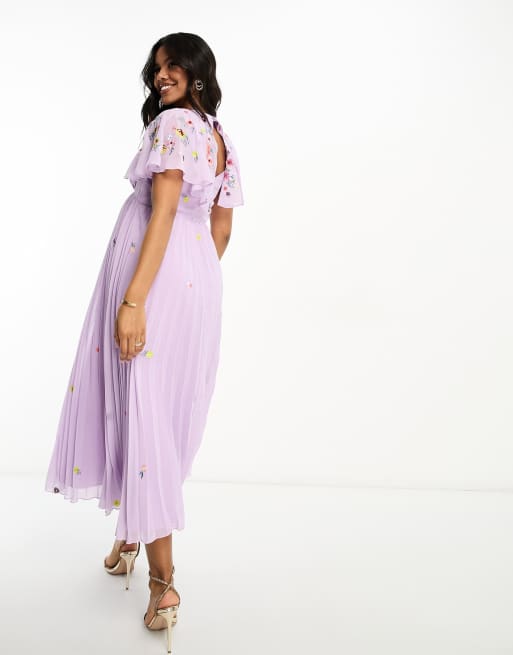 ASOS DESIGN Maternity v-neck angel sleeve pleat midi dress with all over  embroidery in lilac