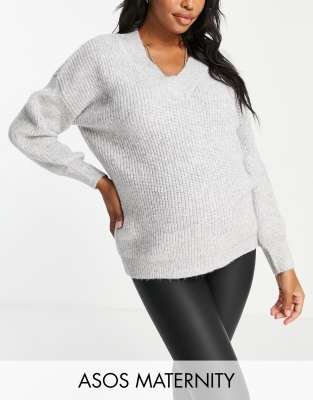 Asos Maternity Asos Design Maternity V Neck Fluffy Sweater In Gray-grey