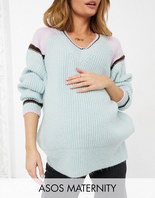 ASOS Design Maternity V neck jumper with colour block and tipping detail in green