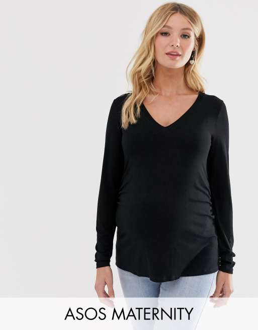 ASOS DESIGN Maternity v neck long sleeve t shirt in black