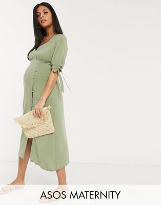 ASOS DESIGN Maternity v neck midi tea dress with buttons and tie ...