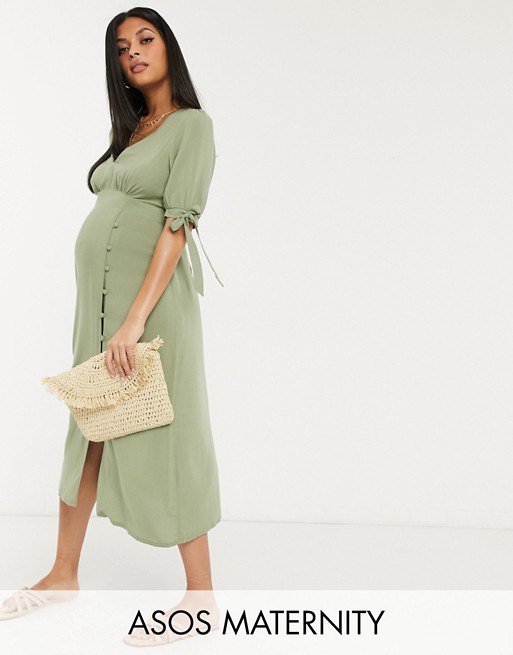 ASOS DESIGN Maternity v neck midi tea dress with buttons and tie sleeves in khaki