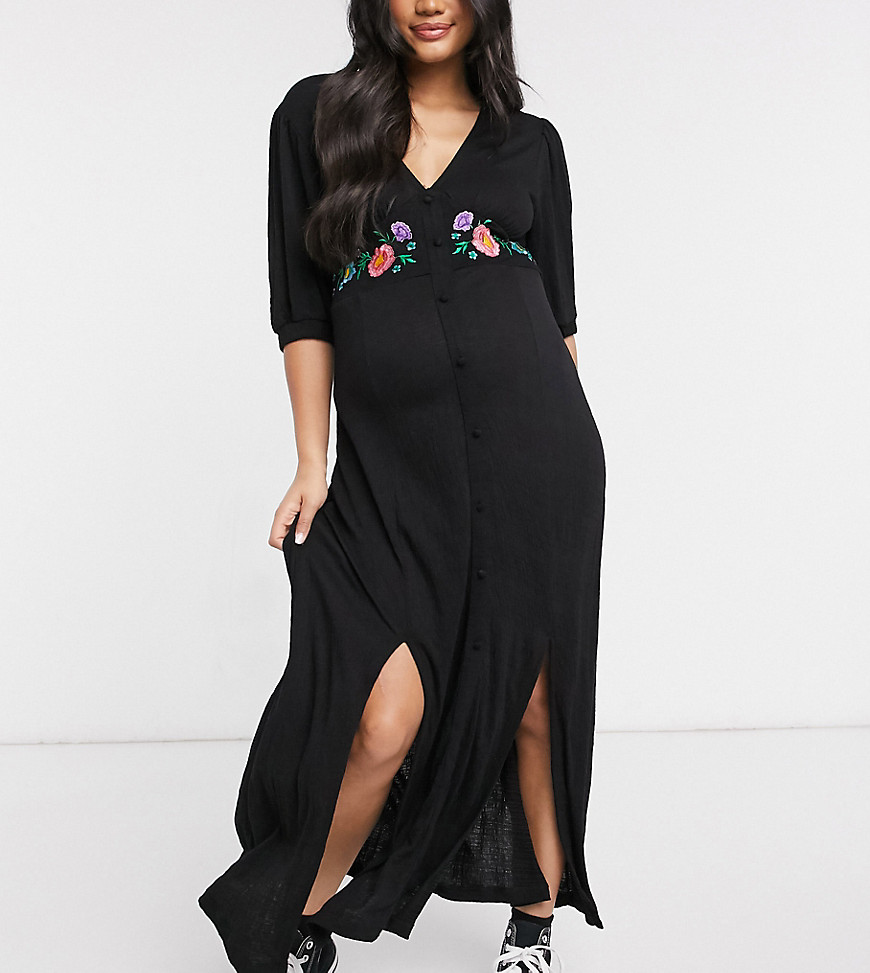 ASOS DESIGN Maternity v-neck midi with puff sleeves and waist band embroidery in black