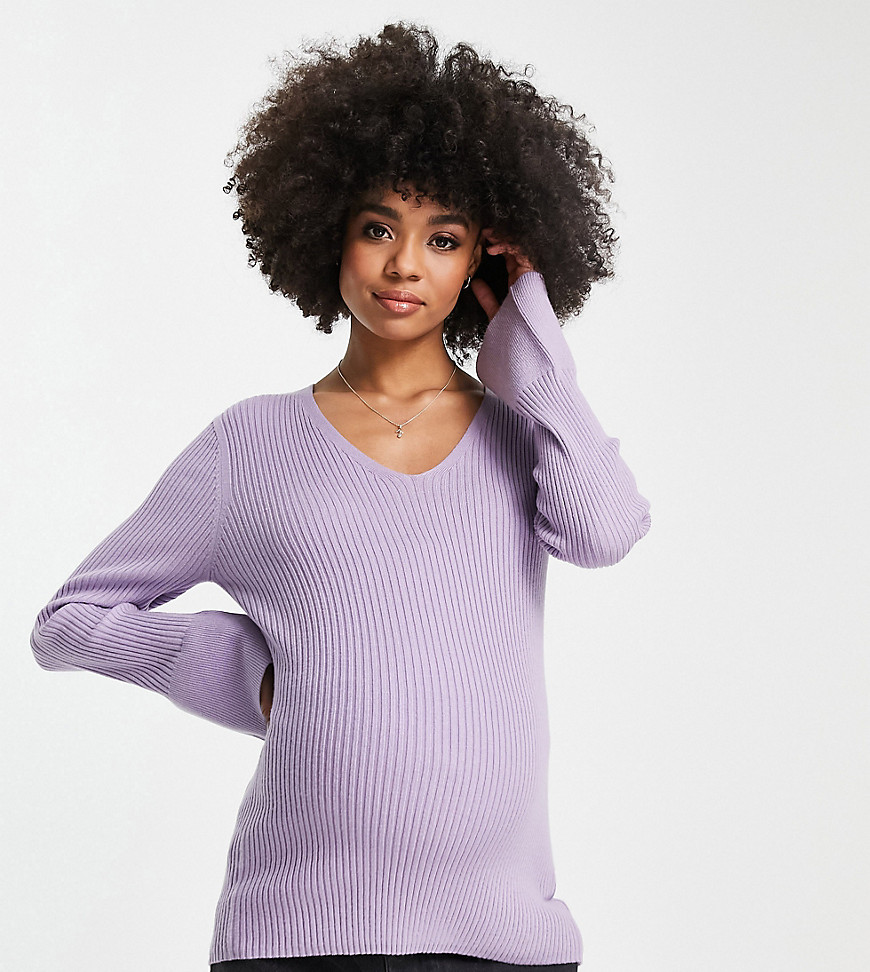 ASOS DESIGN Maternity V-neck sweater in rib in lilac-Purple
