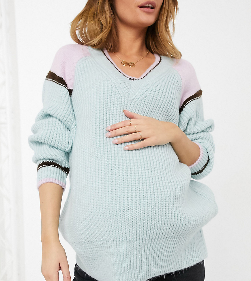 ASOS Design Maternity v-neck sweater with colorblock and tipping detail in green