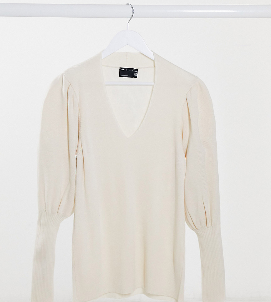 ASOS DESIGN Maternity v neck sweater with volume sleeve in cream-White