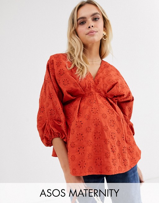 ASOS DESIGN Maternity v neck top in broderie with ruched volume sleeve