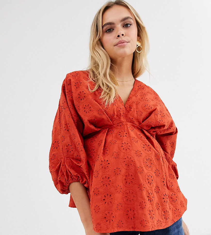 Asos Maternity - Asos design maternity v neck top in broderie with ruched volume sleeve-no colour