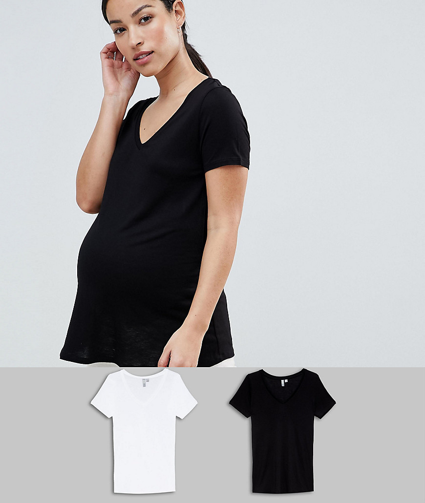 ASOS DESIGN – Maternity v-ringad vid t-shirt 2 pack SAVE-Flerfärgad
