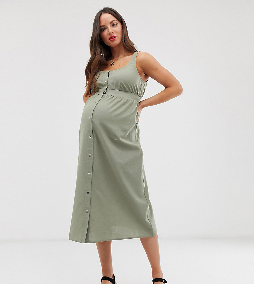 ASOS DESIGN Maternity – Vardagsklänning i midilängd med tryckknappar framtill-Grön
