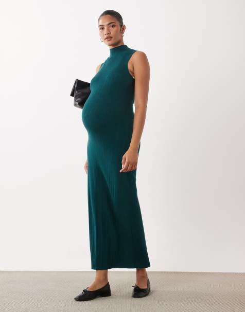 ASOS DESIGN Maternity varigated knit rib sleeveless funnel neck midaxi dress in forest green - view 1