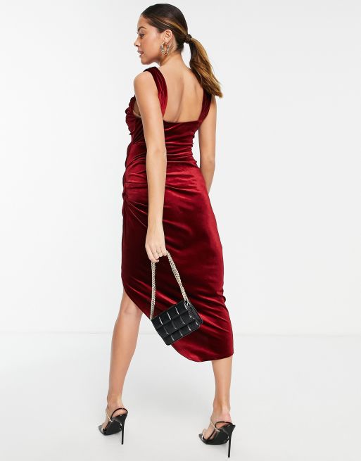 ASOS DESIGN maternity velvet cowl neck pencil midi dress in berry, 2 of 4