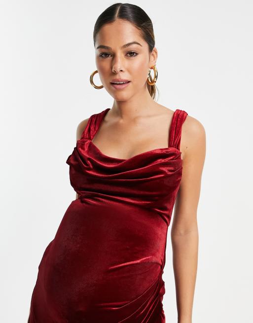 ASOS DESIGN maternity velvet cowl neck pencil midi dress in berry, 3 of 4
