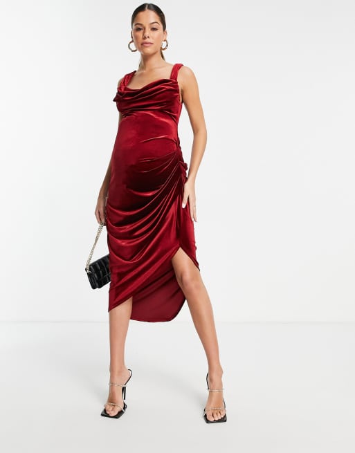 ASOS DESIGN maternity velvet cowl neck pencil midi dress in berry, 4 of 4
