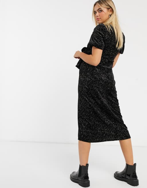ASOS DESIGN Maternity velvet glitter midi tea wrap dress in black | ASOS