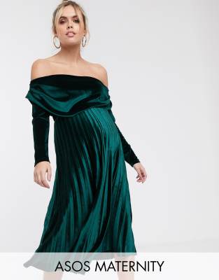 ASOS DESIGN Maternity velvet long sleeve bardot pleated midi dress-Green