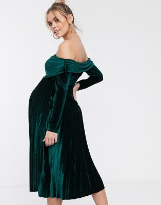 asos design pleated velvet bardot midi dress