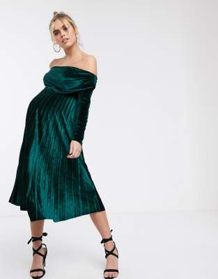 asos green velvet pleated dress
