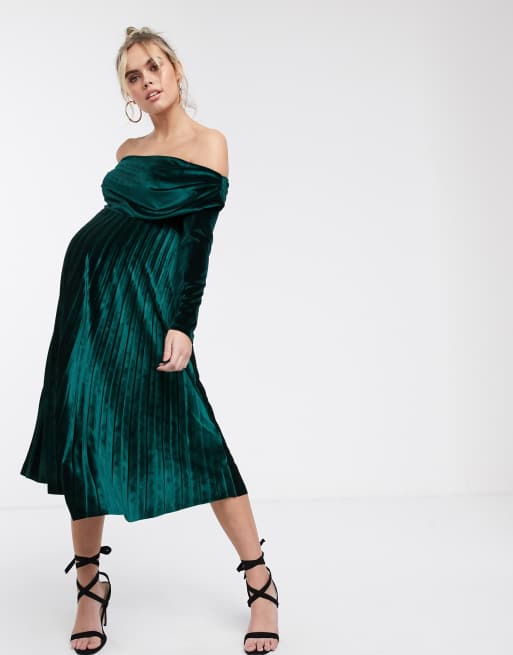 ASOS DESIGN Maternity velvet long sleeve bardot pleated midi dress