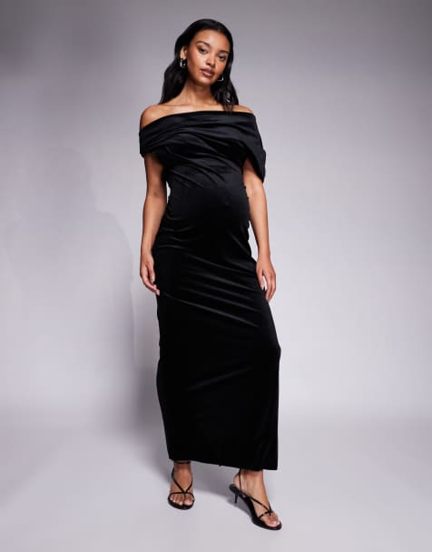 ASOS DESIGN Maternity velvet midi dress with fallen shoulder in black - view 1