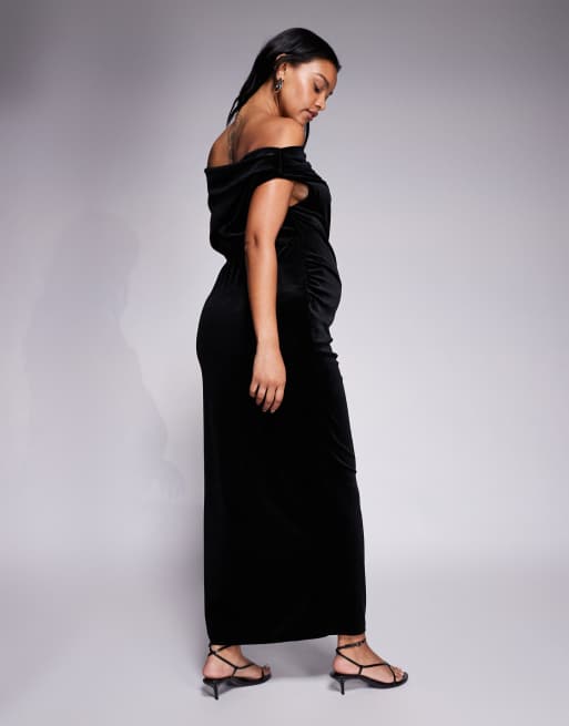ASOS DESIGN Maternity velvet midi dress with fallen shoulder in black, 3 of 4