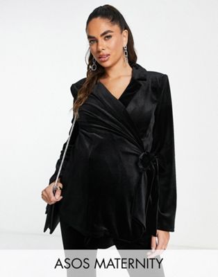 Asos Maternity Asos Design Maternity Velvet Suit Blazer With Side Wrap Belt In Black