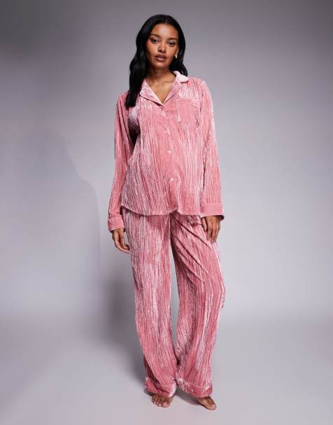 ASOS DESIGN Maternity velvet texture pajama set in pink - view 1
