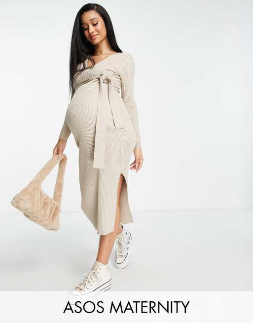 ASOS DESIGN Maternity - Vestito a portafoglio midi in maglia color avena