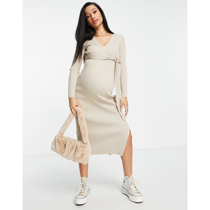 Donna PlUUx DESIGN Maternity - Vestito a portafoglio midi in maglia color avena