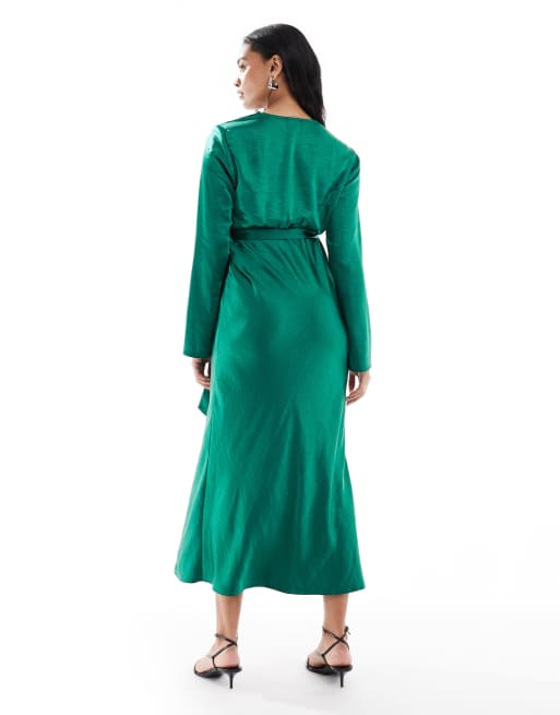 ASOS DESIGN Maternity - Vestito al polpaccio avvolgente e a maniche lunghe in raso verde smeraldo, 3 di 4