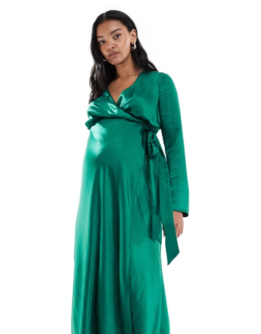 ASOS DESIGN Maternity - Vestito al polpaccio avvolgente e a maniche lunghe in raso verde smeraldo, 4 di 4