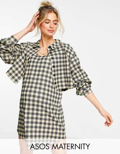 ASOS DESIGN Maternity - Vestito camicia corto a maniche lunghe con strato sovrapposto a quadri
