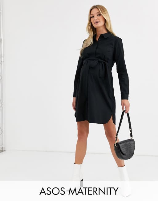 ASOS DESIGN Maternity - Vestito camicia corto nero in cotone con cintura