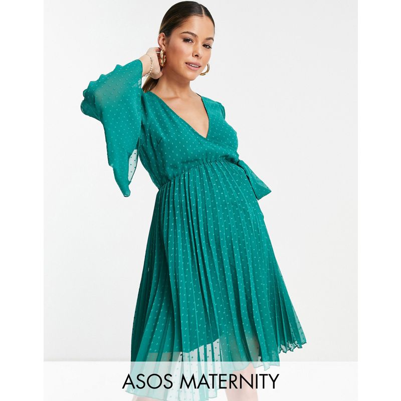 Vestiti Donna DESIGN Maternity - Vestito corto a pieghe verde antico plumetis a portafoglio