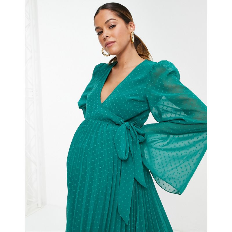 Vestiti Donna DESIGN Maternity - Vestito corto a pieghe verde antico plumetis a portafoglio
