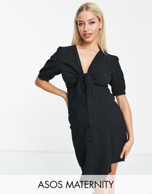 ASOS DESIGN Maternity tie front button through mini dress in black - ASOS Price Checker