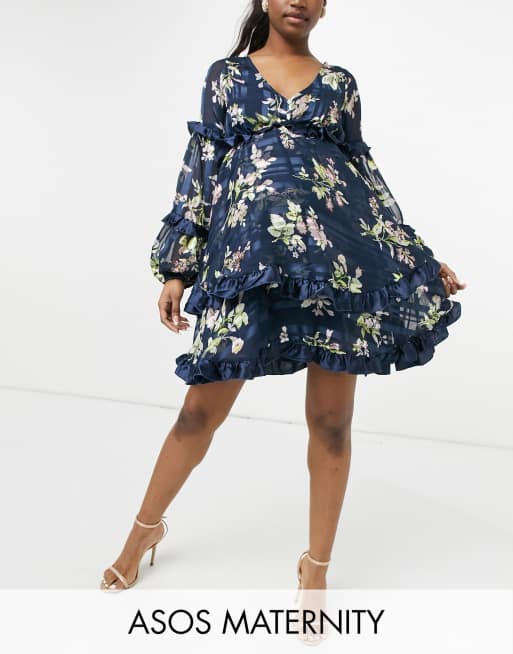 ASOS DESIGN Maternity - Vestito corto blu a fiori con finiture in raso