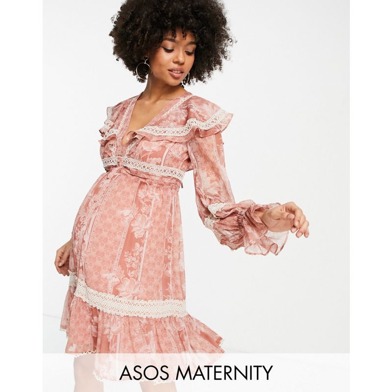 Vestiti da sera Donna DESIGN Maternity - Vestito corto con inserti in pizzo, volant e bottoni, colore rosa a fiori