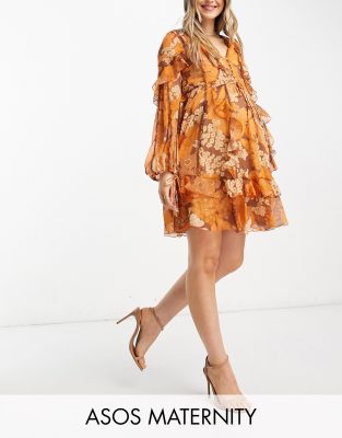 ASOS DESIGN Maternity - Vestito corto con volant e bottoni sul davanti con dettagli in pizzo e stampa a fiori color senape