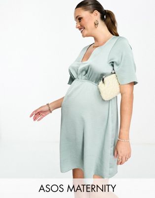 ASOS DESIGN Maternity satin angel sleeve mini tea dress in duck egg - ASOS Price Checker