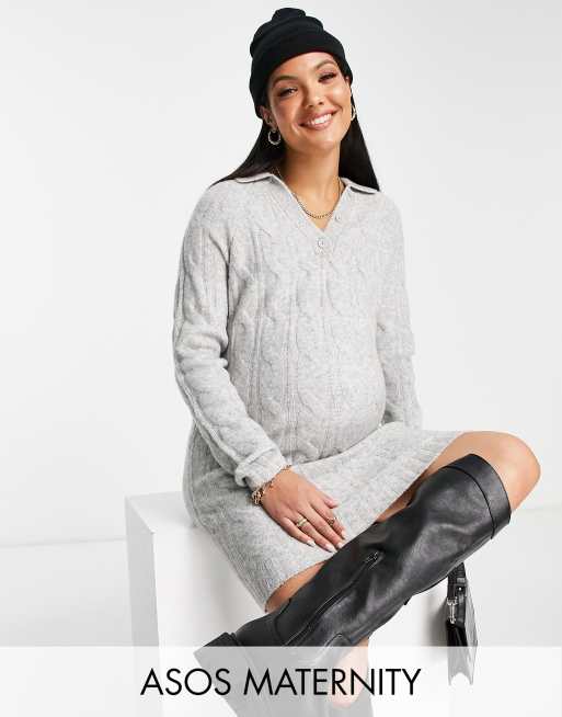 ASOS DESIGN Maternity - Vestito corto in maglia a trecce grigio con colletto aperto 