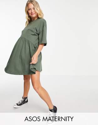 ASOS DESIGN Maternity Vestito grembiule corto oversize con vita scesa Asos Donna Abbigliamento Vestiti Vestiti grembiule colore kaki 